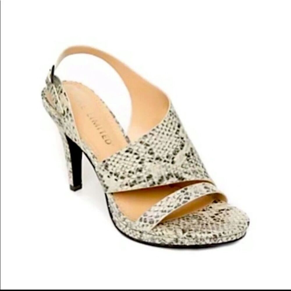 NEUTRAL TONES SNAKESKIN SLINGBACK SANDALS SHOES OPEN TOE ASYMMETRICAL HEELS 9.5